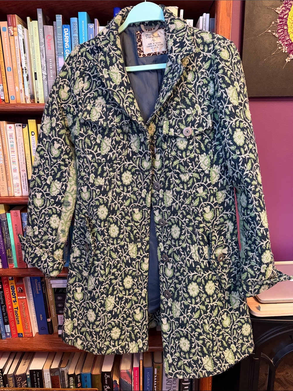 Free People Green and Black Floral Jacquard Long Blazer